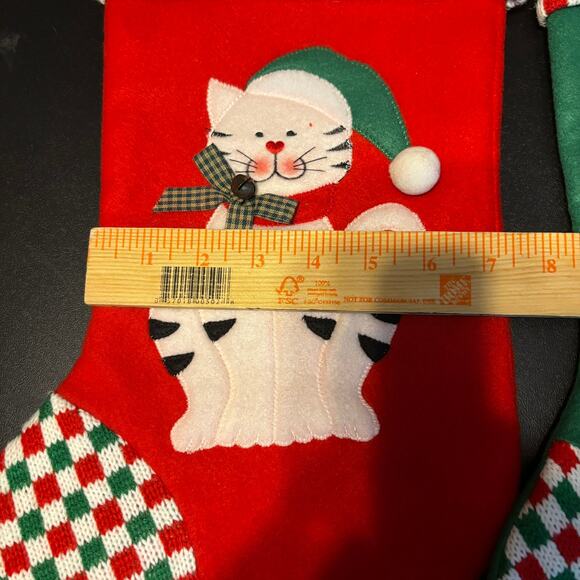 Cat Fleece Knit Christmas Stockings Set of 2 Checkerboard Fish - Picture 3 of 4